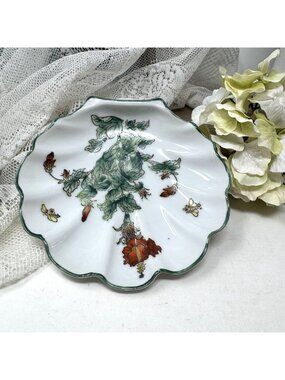 Vintage Scalloped Porcelain Dish With Floral Leaf Design HandPainted Nora Fenton